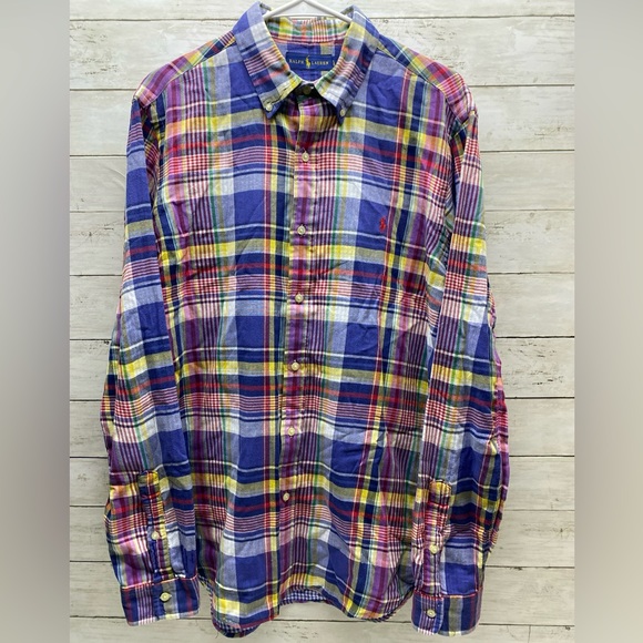 Polo Ralph Lauren Plaid Linen Colorful Mens button Long Sleeve Shirt Large - Picture 2 of 16